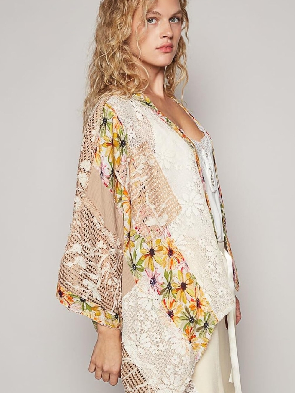 POL Floral Patchwork Kimono in Beige, Cream & Yellow